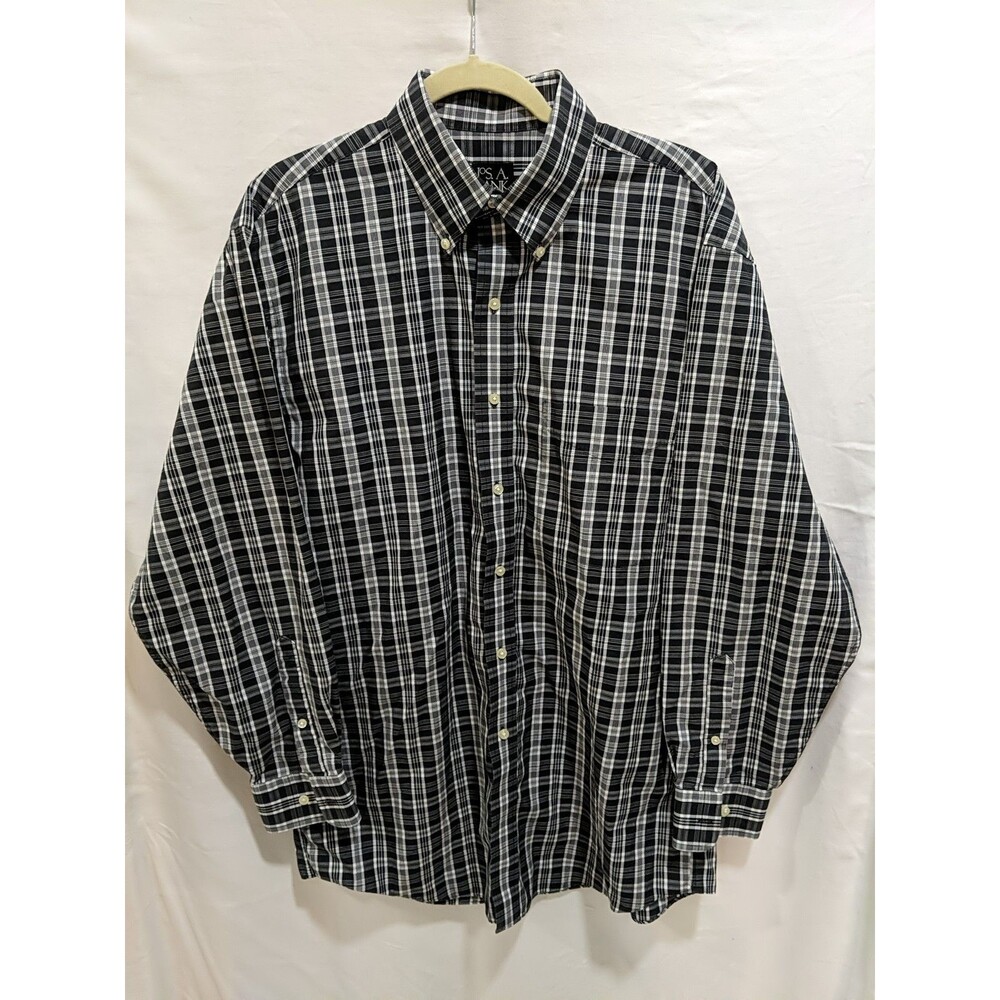 Jos A. Bank Men's Traveler Collection Traditional Fit Black Plaid Dress Shirt M